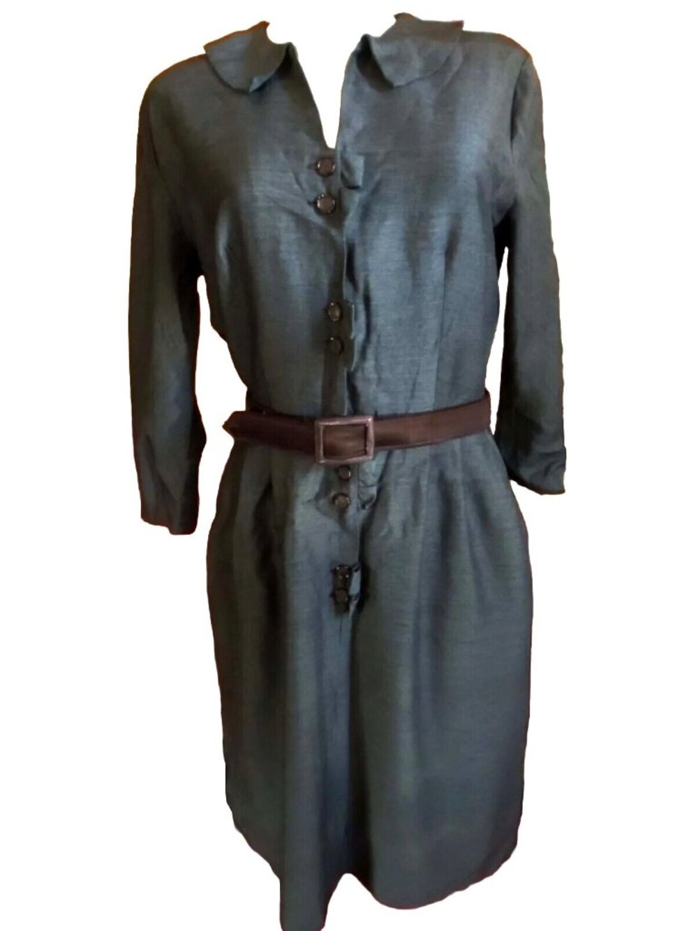 True Vintage Dress 1950's 10 Green Long-Sleeve Belt Button Librarian Secretary